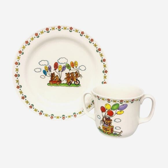 Lefton China New Mommy Double Handle Cup and Saucer Colorful Baby Bears Balloons - Picture 2 of 16